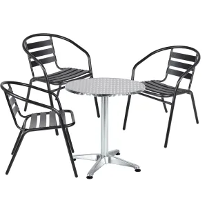 BTExpert Indoor Outdoor 23.75" Round Restaurant Table Stainless Steel Silver Aluminum   3 Black Metal Slat Stack Chairs Commercial Lightweight