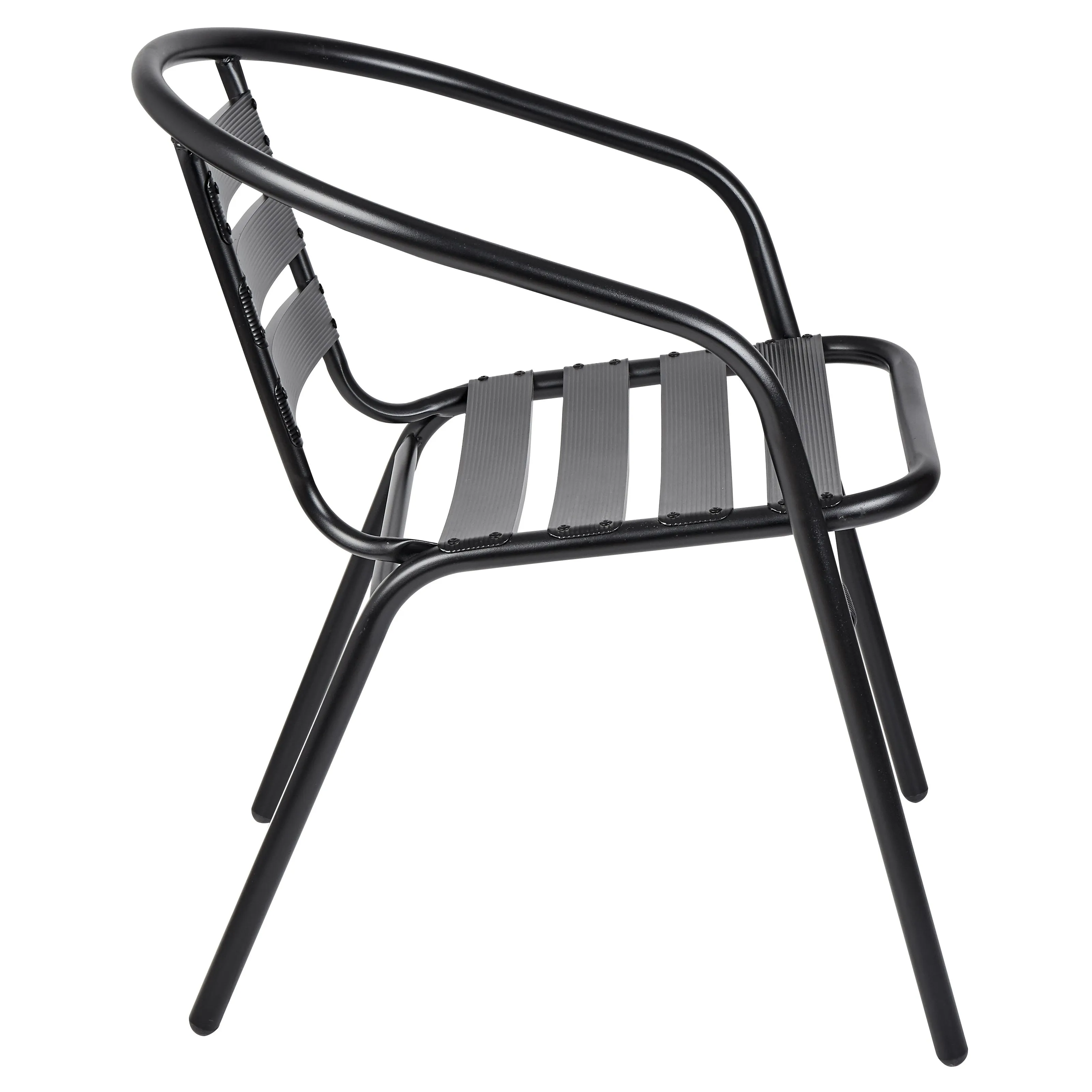 BTExpert Indoor Outdoor 23.75" Round Restaurant Table Stainless Steel Silver Aluminum   3 Black Metal Slat Stack Chairs Commercial Lightweight