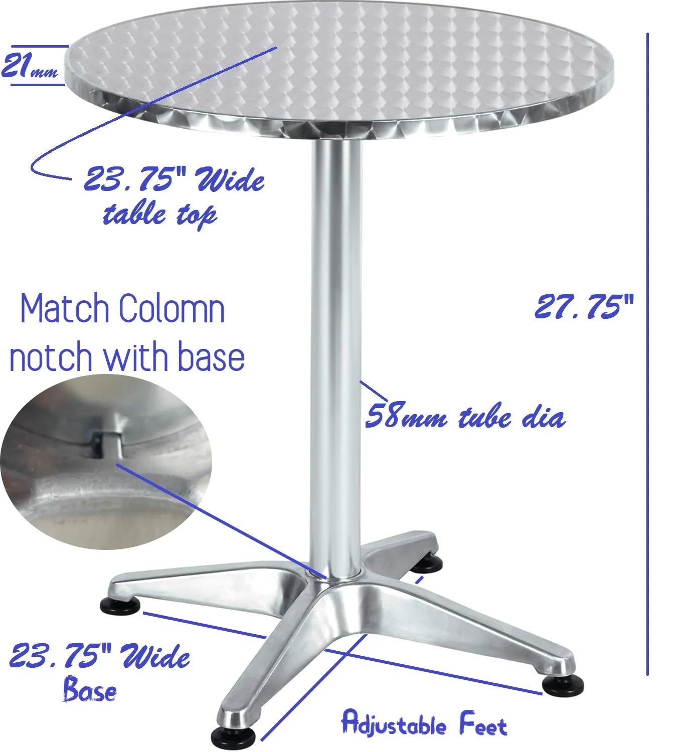 BTExpert Indoor Outdoor 23.75" Round Restaurant Table Stainless Steel Silver Aluminum   3 Black Metal Slat Stack Chairs Commercial Lightweight