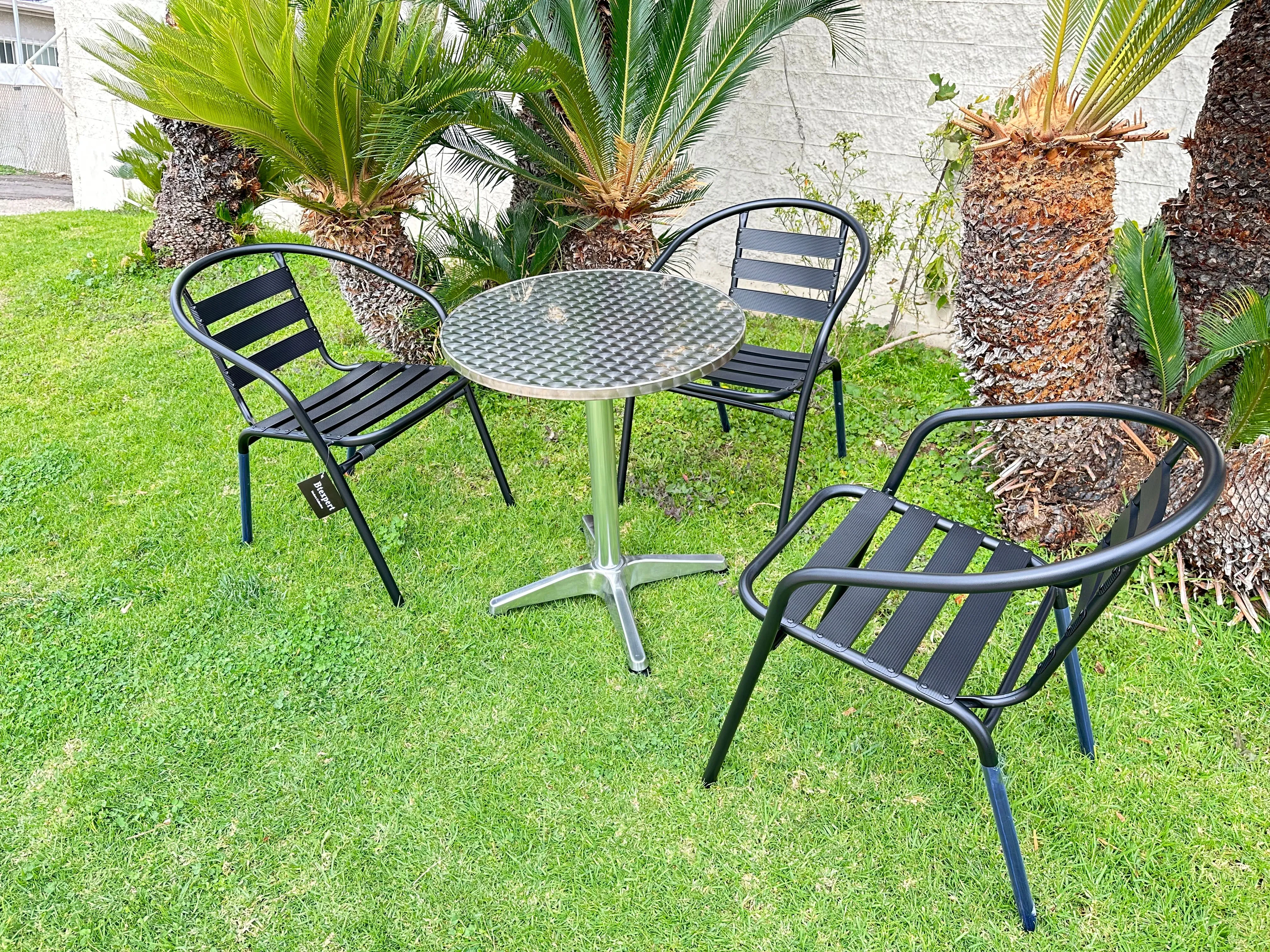 BTExpert Indoor Outdoor 23.75" Round Restaurant Table Stainless Steel Silver Aluminum   3 Black Metal Slat Stack Chairs Commercial Lightweight