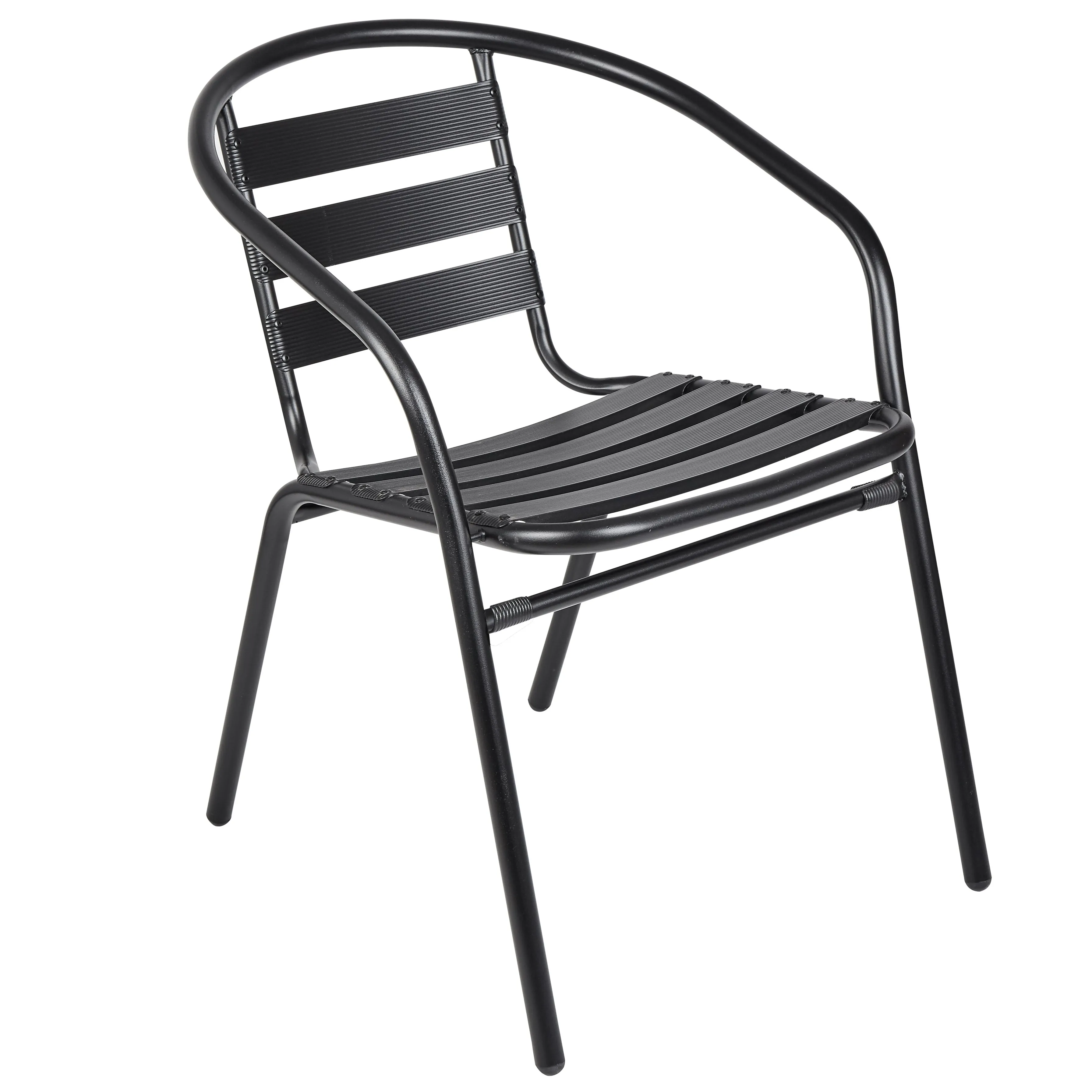 BTExpert Indoor Outdoor 23.75" Round Restaurant Table Stainless Steel Silver Aluminum   3 Black Metal Slat Stack Chairs Commercial Lightweight