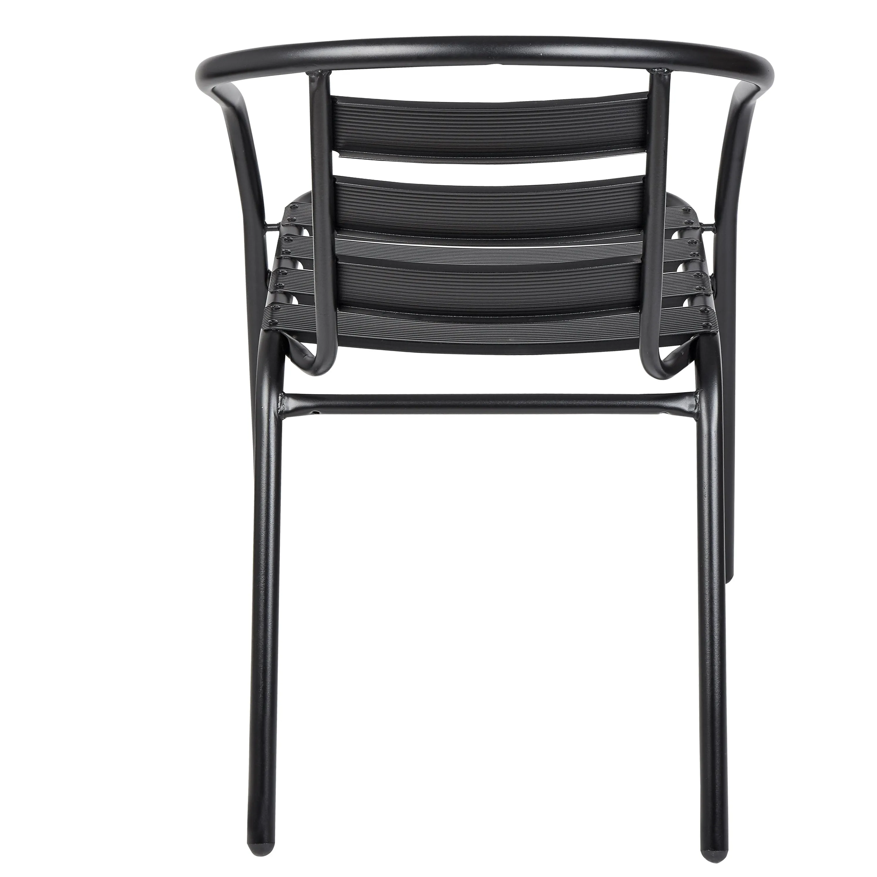 BTExpert Indoor Outdoor 23.75" Round Restaurant Table Stainless Steel Silver Aluminum   3 Black Metal Slat Stack Chairs Commercial Lightweight
