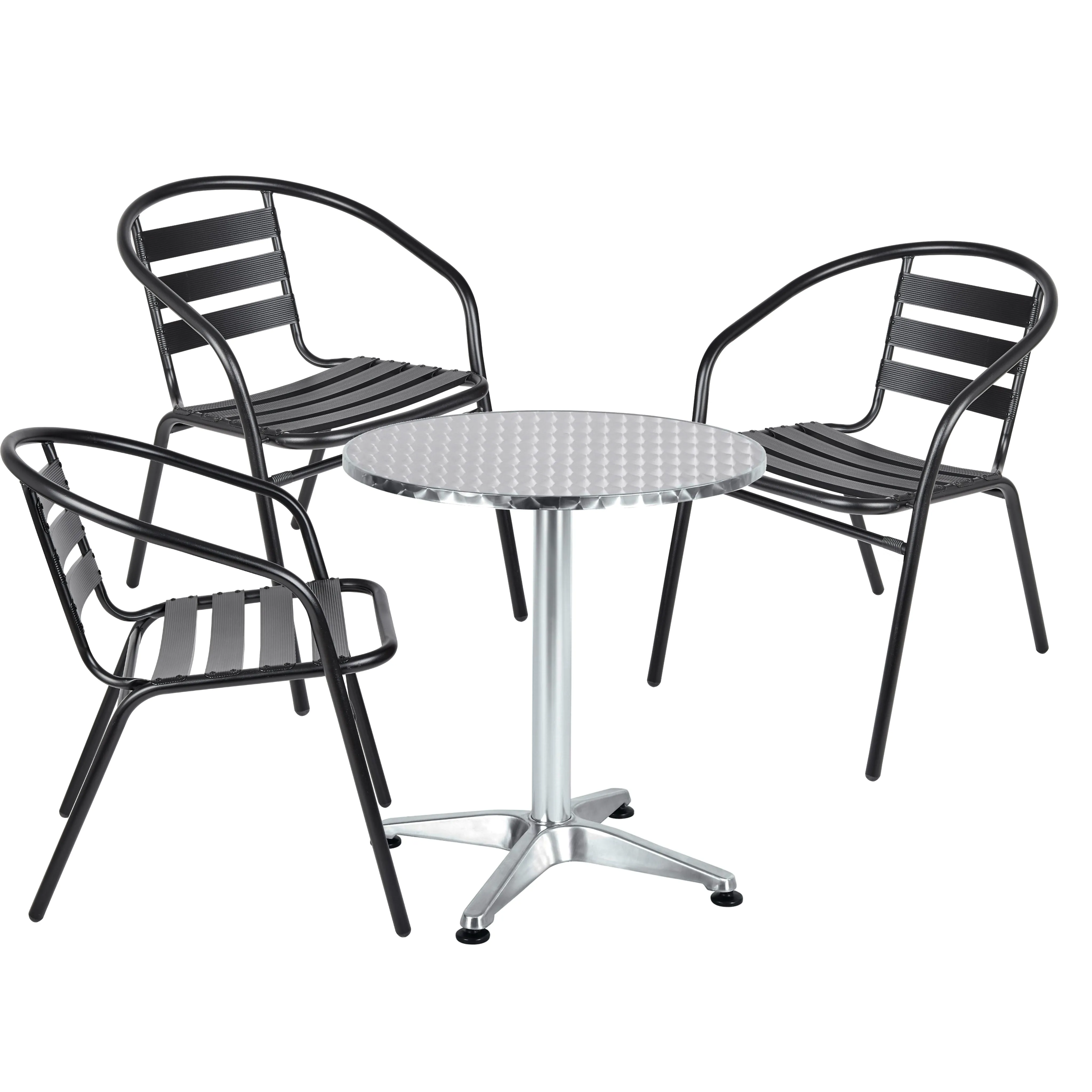 BTExpert Indoor Outdoor 23.75" Round Restaurant Table Stainless Steel Silver Aluminum   3 Black Metal Slat Stack Chairs Commercial Lightweight