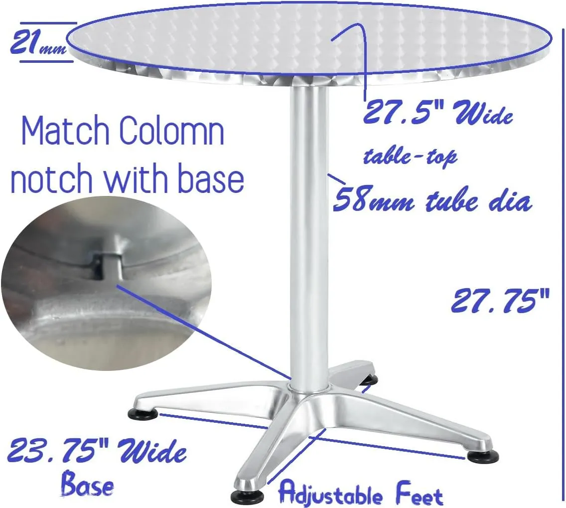 BTExpert Indoor Outdoor 27.5" Round Restaurant Table Stainless Steel Silver Aluminum   2 Bronze Metal Slat Stack Chairs Commercial Lightweight