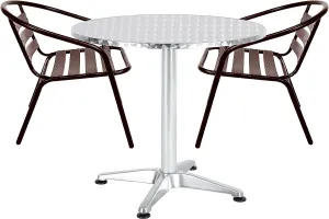 BTExpert Indoor Outdoor 27.5" Round Restaurant Table Stainless Steel Silver Aluminum   2 Bronze Metal Slat Stack Chairs Commercial Lightweight
