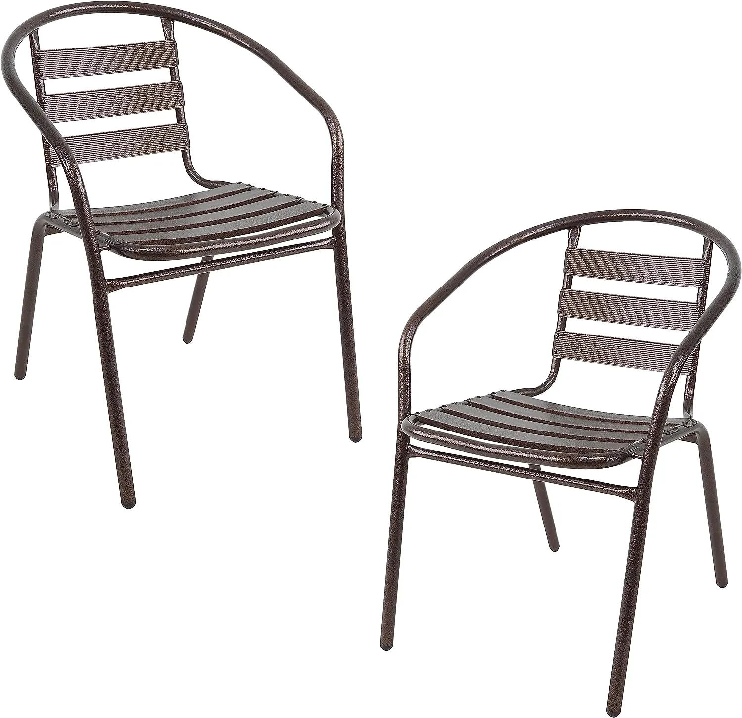 BTExpert Indoor Outdoor 27.5" Round Restaurant Table Stainless Steel Silver Aluminum   2 Bronze Metal Slat Stack Chairs Commercial Lightweight