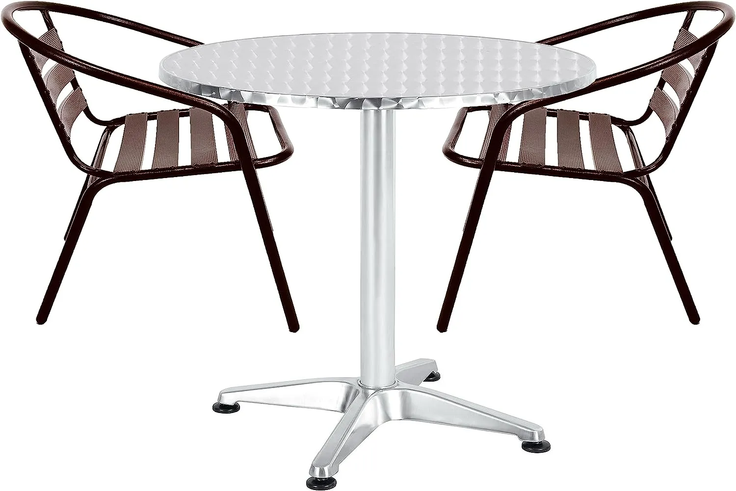BTExpert Indoor Outdoor 27.5" Round Restaurant Table Stainless Steel Silver Aluminum   2 Bronze Metal Slat Stack Chairs Commercial Lightweight