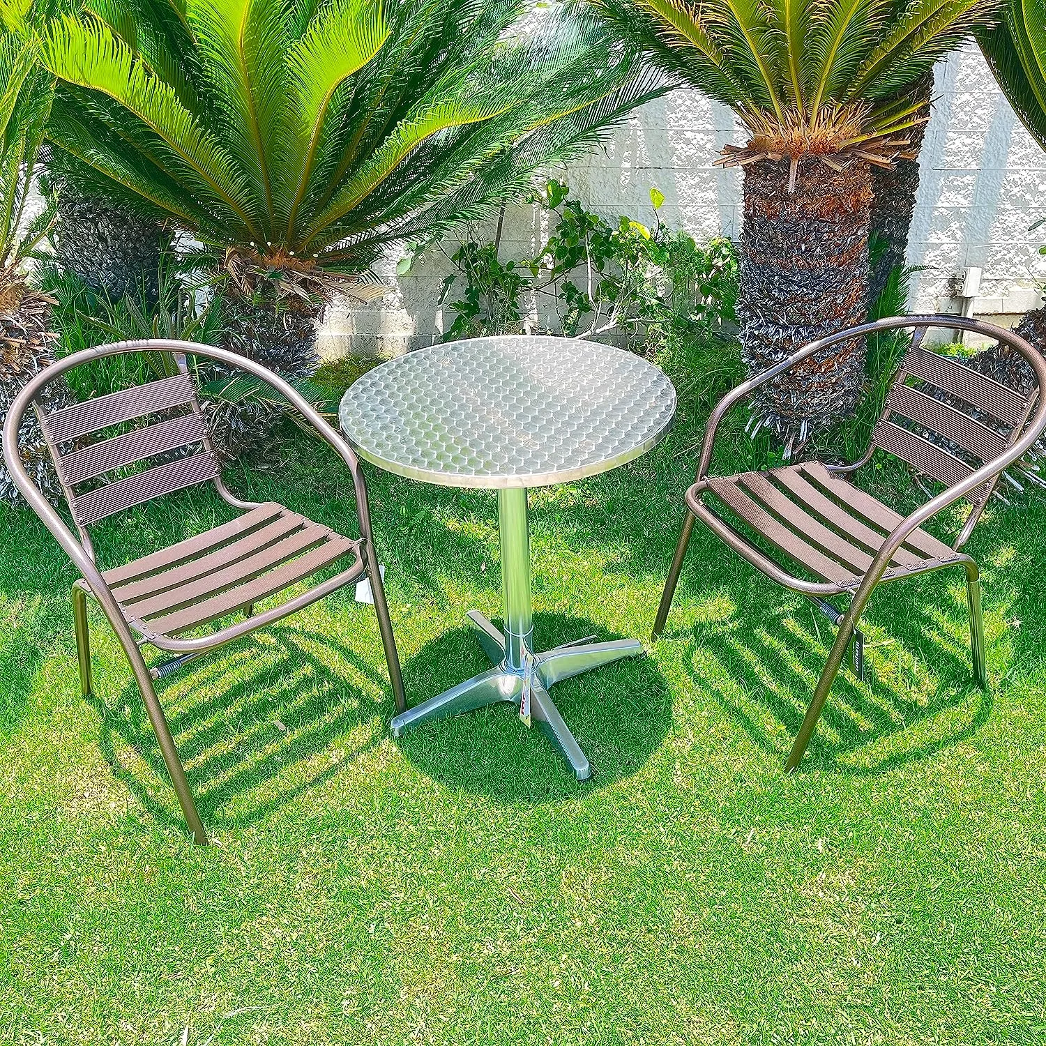 BTExpert Indoor Outdoor 27.5" Round Restaurant Table Stainless Steel Silver Aluminum   2 Bronze Metal Slat Stack Chairs Commercial Lightweight