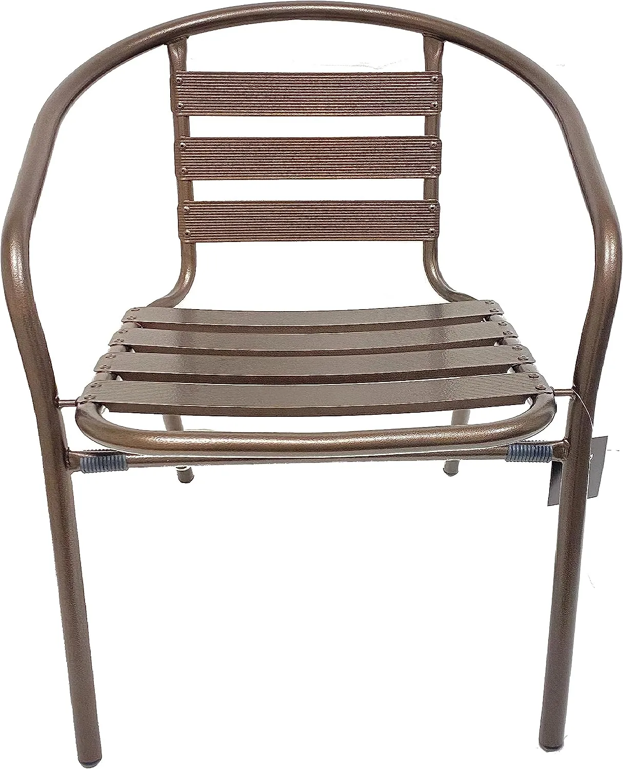 BTExpert Indoor Outdoor 27.5" Round Restaurant Table Stainless Steel Silver Aluminum   2 Bronze Metal Slat Stack Chairs Commercial Lightweight