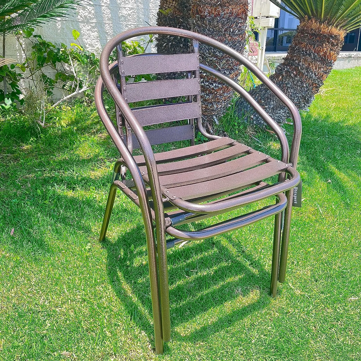 BTExpert Indoor Outdoor 27.5" Round Restaurant Table Stainless Steel Silver Aluminum   2 Bronze Metal Slat Stack Chairs Commercial Lightweight