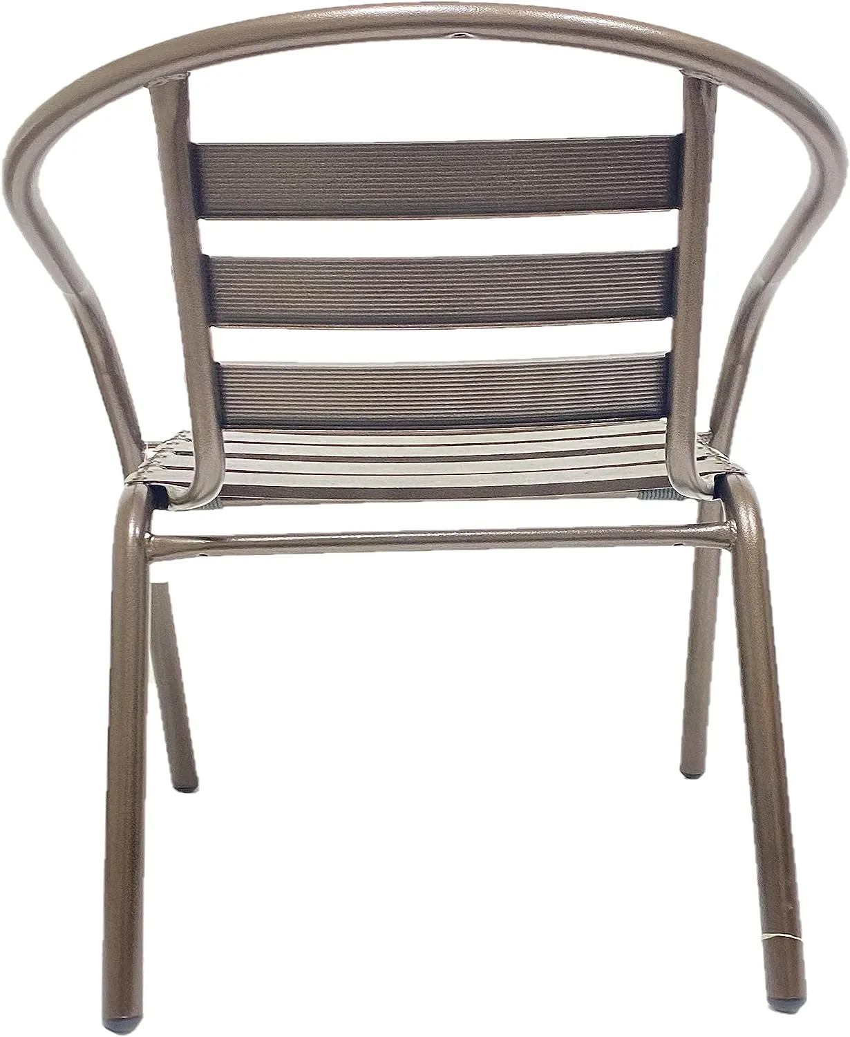 BTExpert Indoor Outdoor 27.5" Round Restaurant Table Stainless Steel Silver Aluminum   2 Bronze Metal Slat Stack Chairs Commercial Lightweight