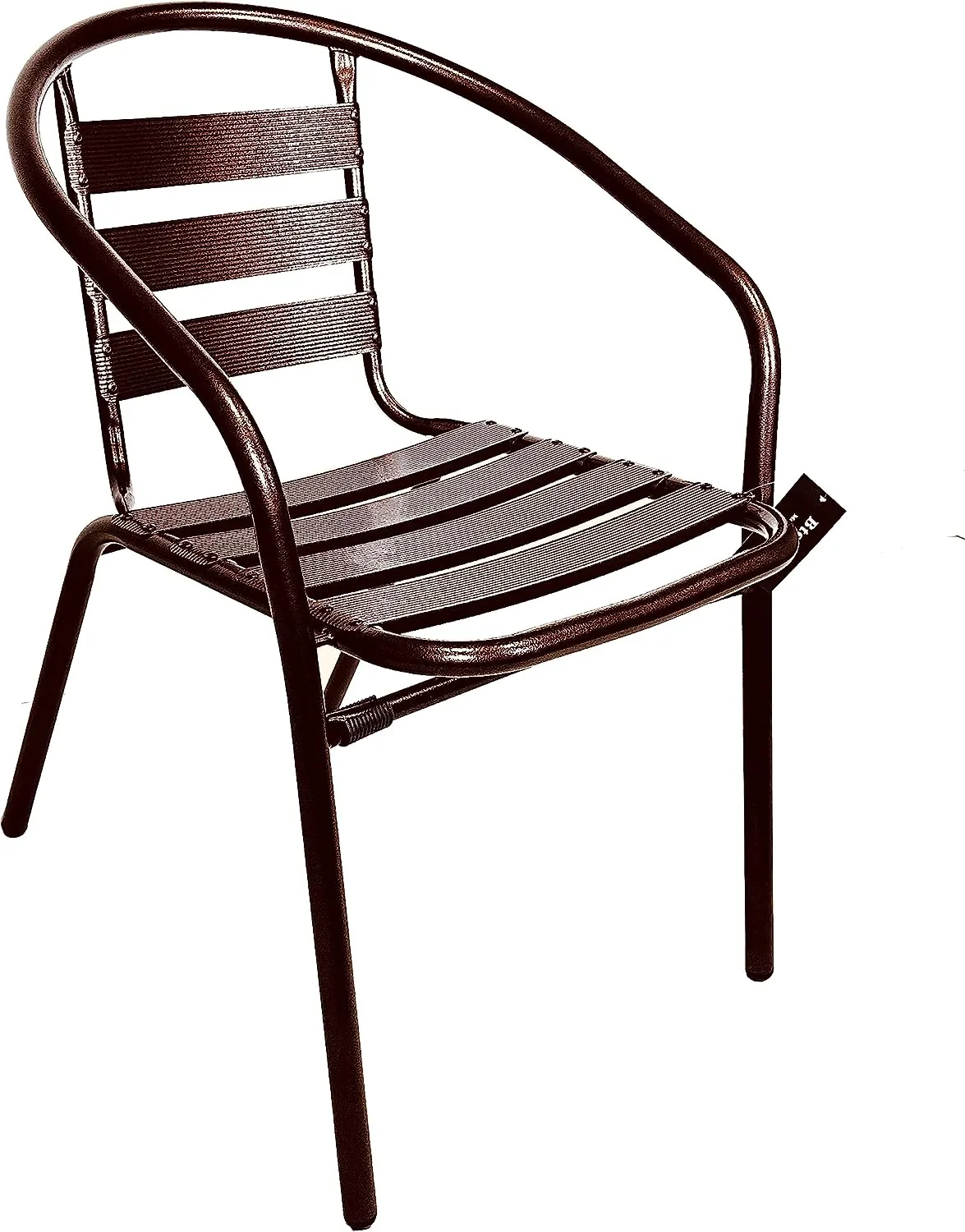 BTExpert Indoor Outdoor 27.5" Round Restaurant Table Stainless Steel Silver Aluminum   2 Bronze Metal Slat Stack Chairs Commercial Lightweight