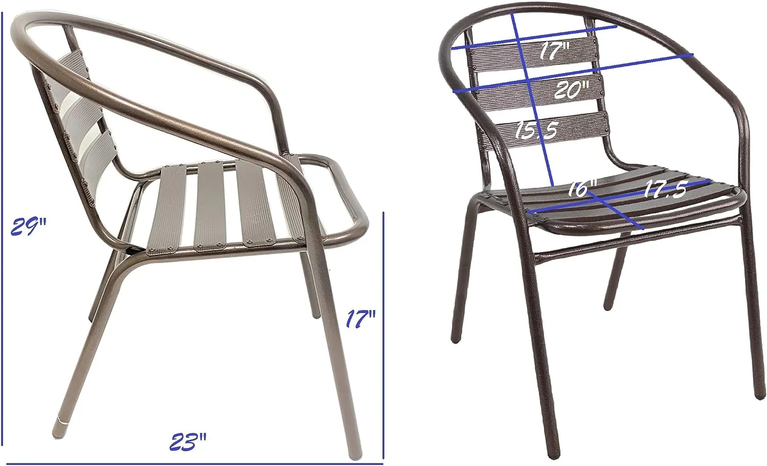 BTExpert Indoor Outdoor 27.5" Round Restaurant Table Stainless Steel Silver Aluminum   2 Bronze Metal Slat Stack Chairs Commercial Lightweight