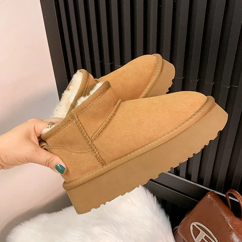 Genuine Leather Snow Boots Female Winter Fleece-lined 2023 New Short Fashion Thick Sole Non-Slip Thickening Thermal Northeast Cotton Padded Shoes