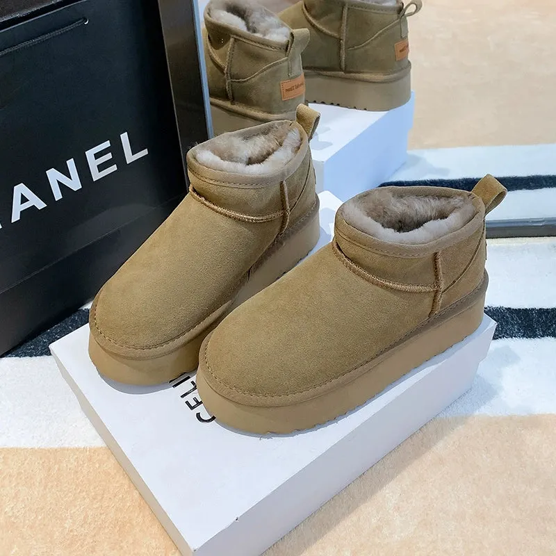 Genuine Leather Snow Boots Female Winter Fleece-lined 2023 New Short Fashion Thick Sole Non-Slip Thickening Thermal Northeast Cotton Padded Shoes