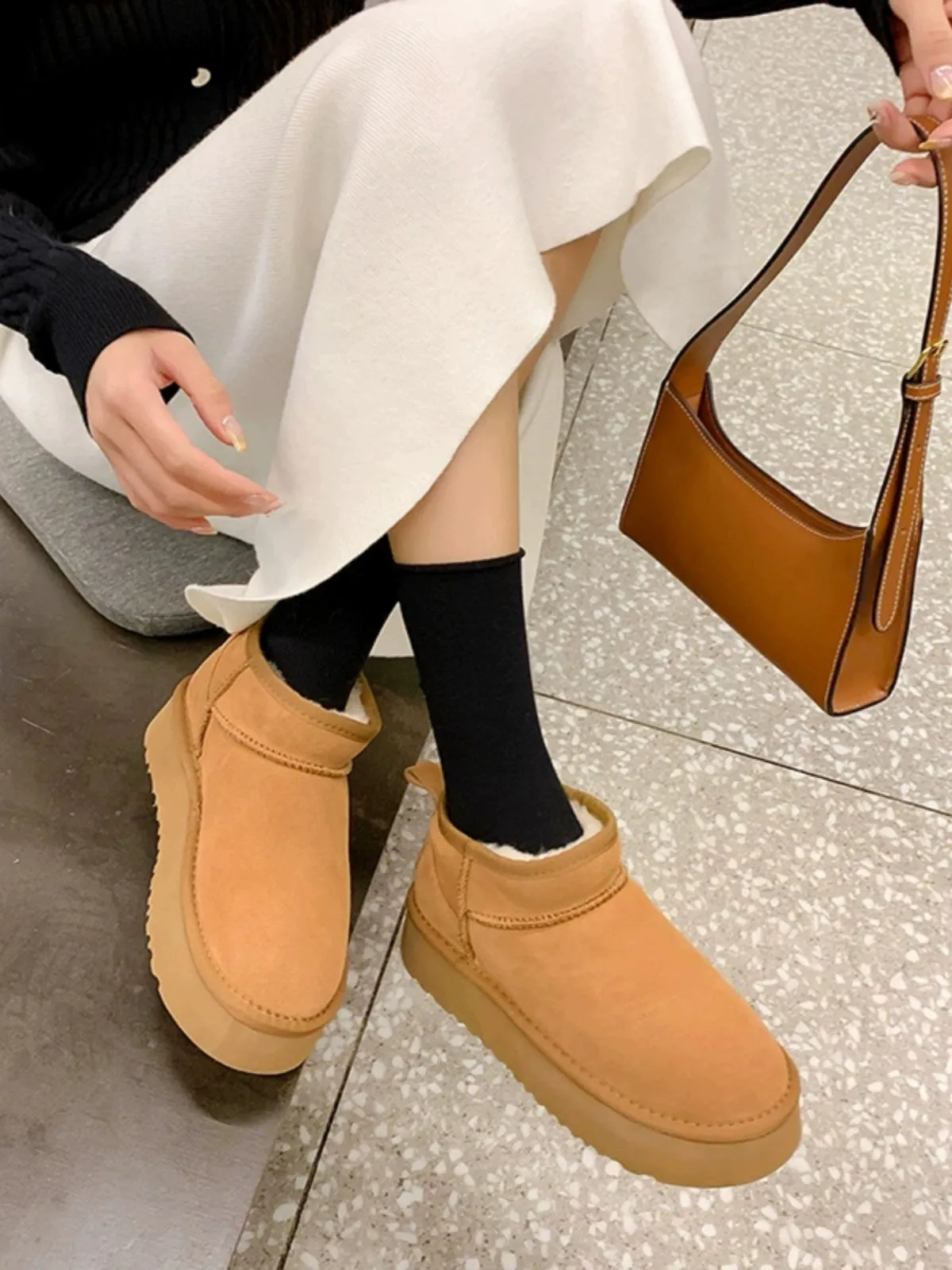 Genuine Leather Snow Boots Female Winter Fleece-lined 2023 New Short Fashion Thick Sole Non-Slip Thickening Thermal Northeast Cotton Padded Shoes