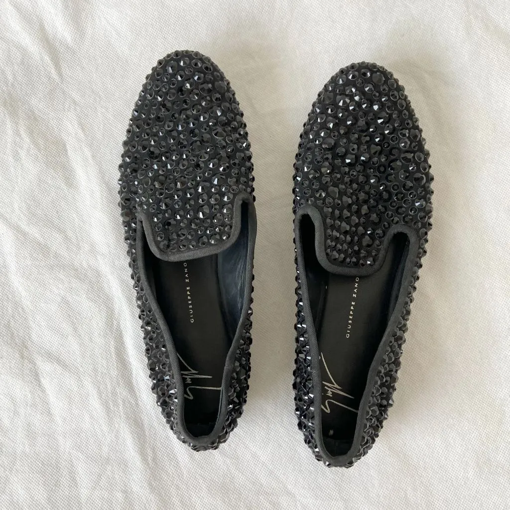Giuseppe Zanotti Crystal Embellished Black Loafer Flats, 37.5