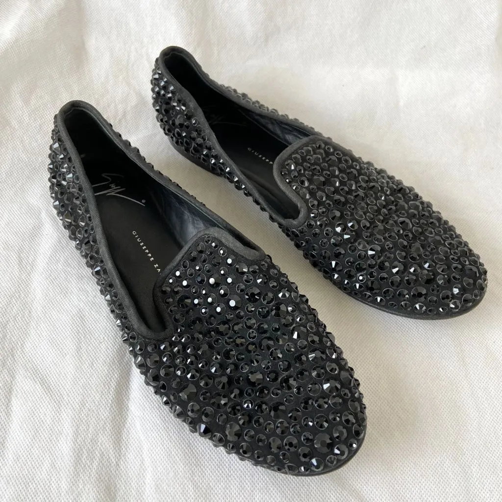 Giuseppe Zanotti Crystal Embellished Black Loafer Flats, 37.5
