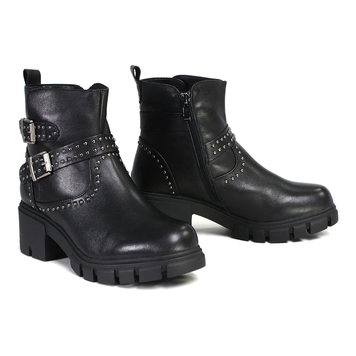 MBL9446 Women's ‘Siren’ Black Leather Studded Boots with Side Zipper Entry