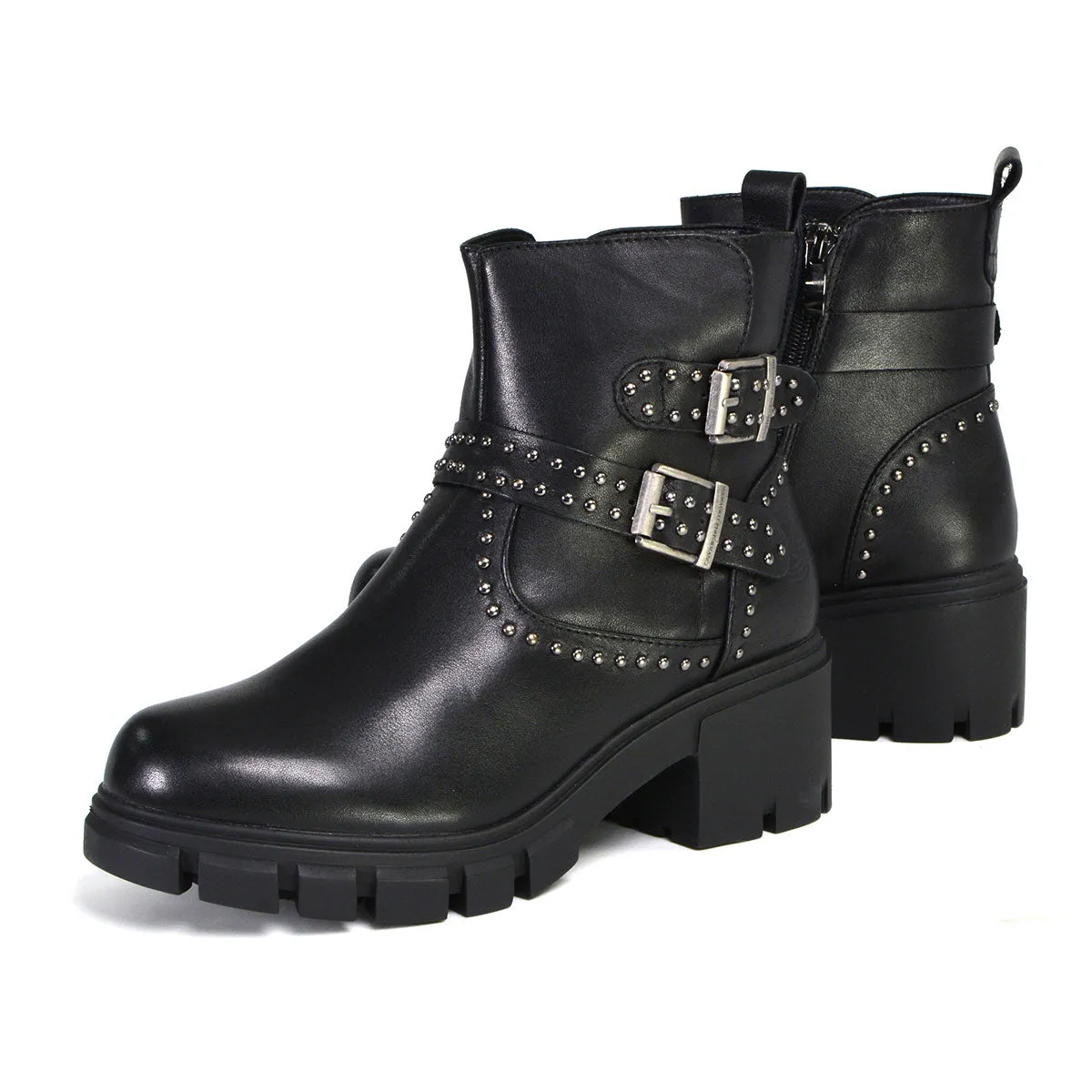 MBL9446 Women's ‘Siren’ Black Leather Studded Boots with Side Zipper Entry