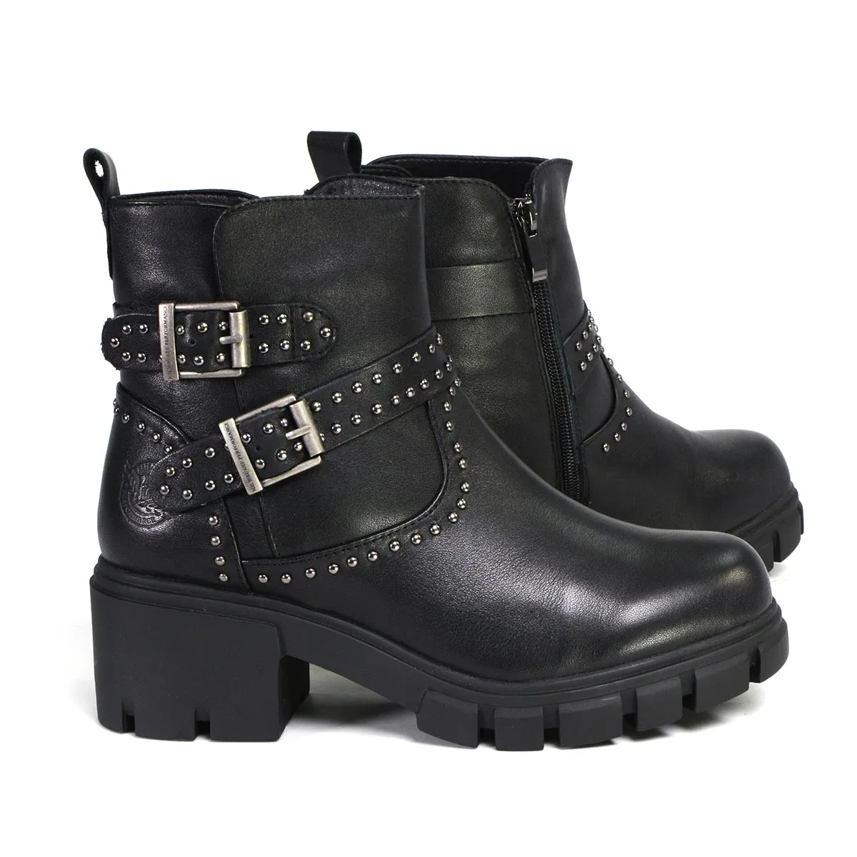 MBL9446 Women's ‘Siren’ Black Leather Studded Boots with Side Zipper Entry