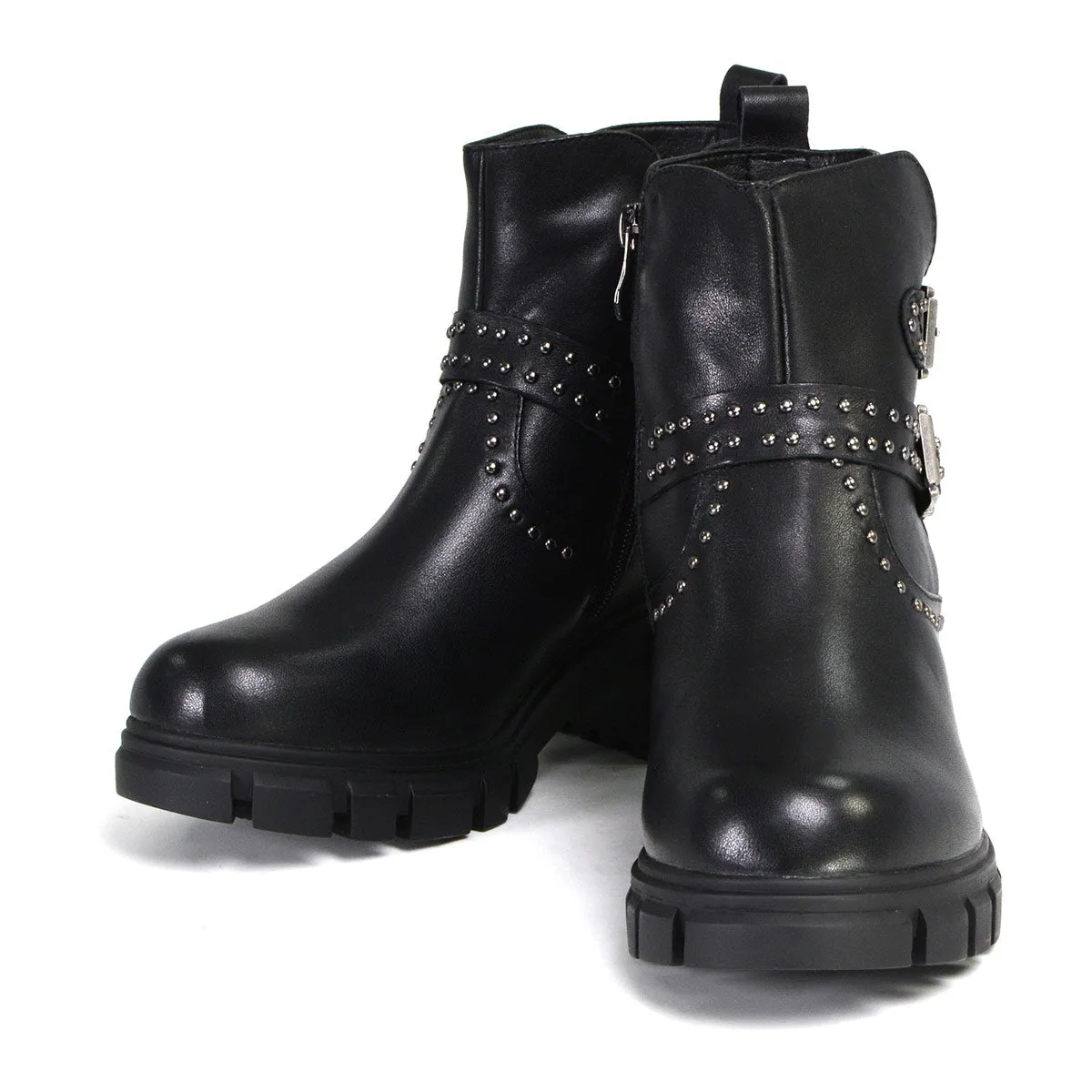 MBL9446 Women's ‘Siren’ Black Leather Studded Boots with Side Zipper Entry