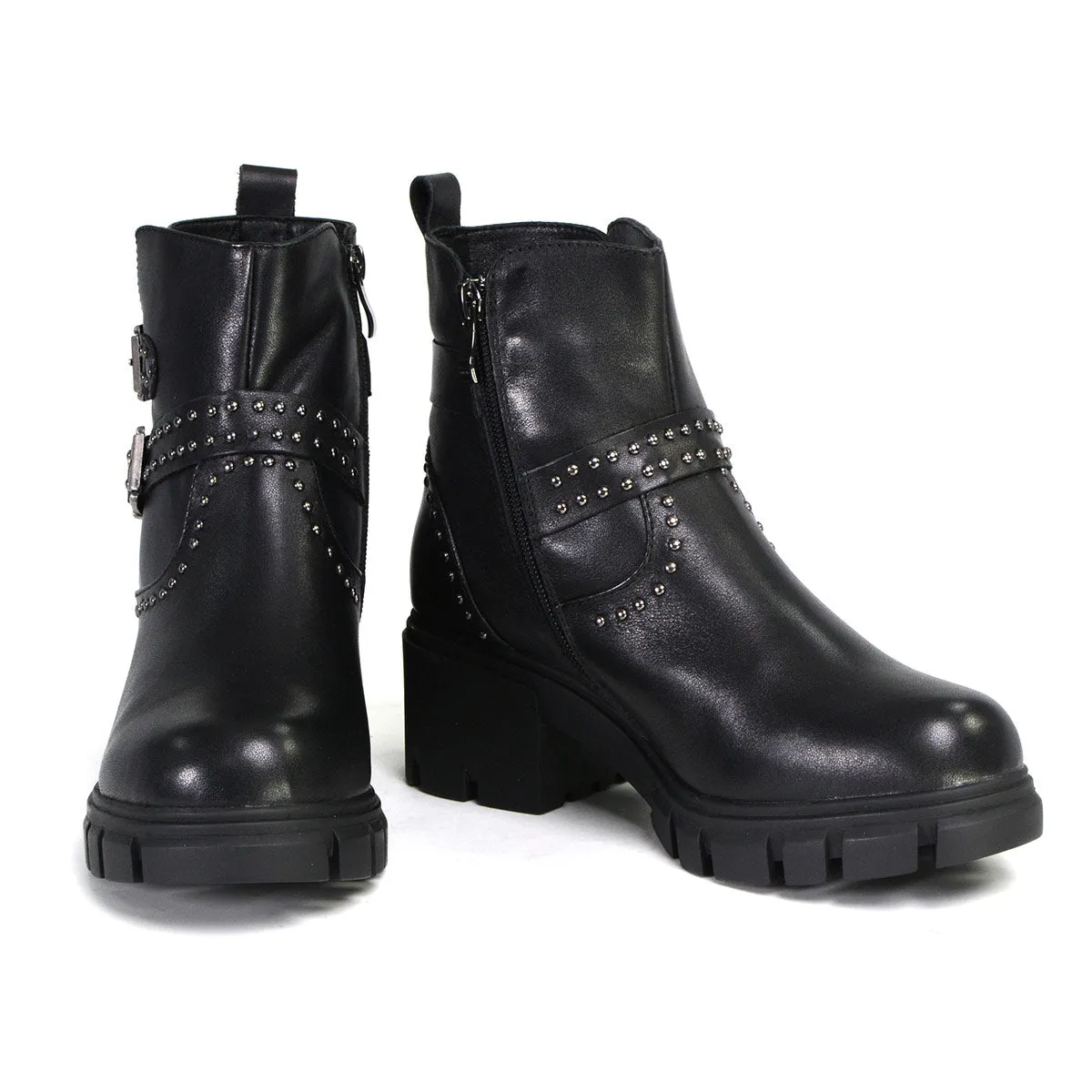 MBL9446 Women's ‘Siren’ Black Leather Studded Boots with Side Zipper Entry