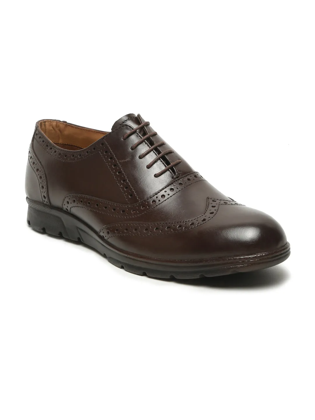 Men Brown Leather Lace-Up Brogue Derby Shoes