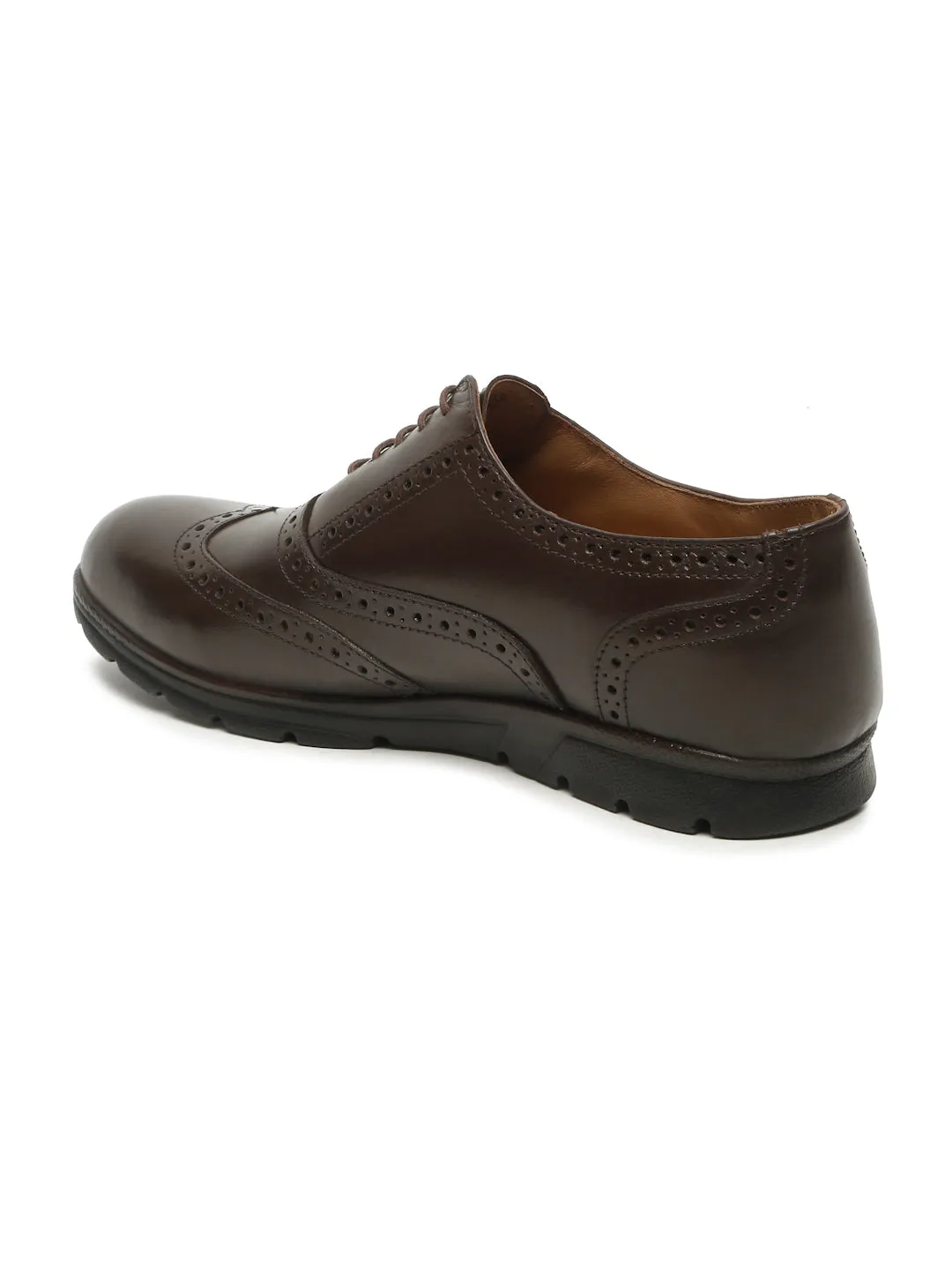 Men Brown Leather Lace-Up Brogue Derby Shoes