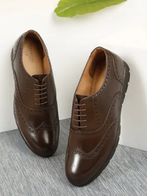 Men Brown Leather Lace-Up Brogue Derby Shoes
