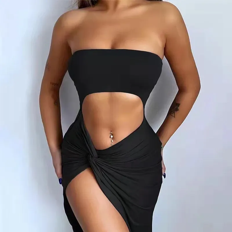 Stylish Women's Summer Strapless Midi Dress - Solid Color Backless Design for Effortless Beach Chic