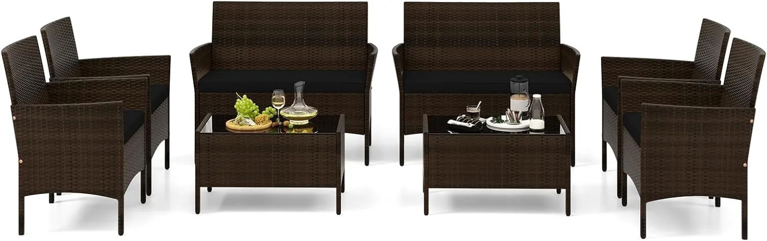 Tangkula 4/8 Piece Patio Rattan Conversation Set, Outdoor Wicker Furniture Set with Chair, Loveseat & Tempered Glass Table