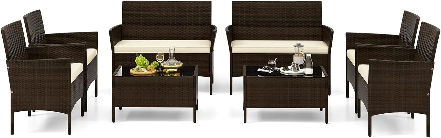 Tangkula 4/8 Piece Patio Rattan Conversation Set, Outdoor Wicker Furniture Set with Chair, Loveseat & Tempered Glass Table